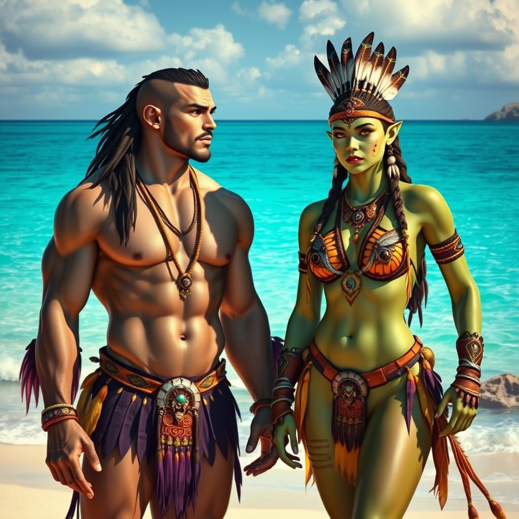 Mystical Half-Orc, Half-Elf Couple on Subtropical Island Sho...