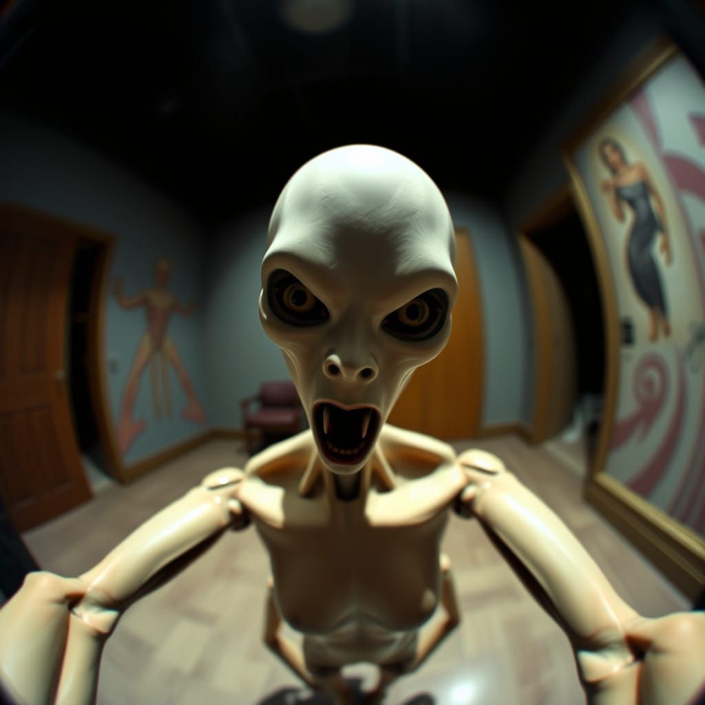 Eerie Surrealist Figure in Fisheye Lens Distortion