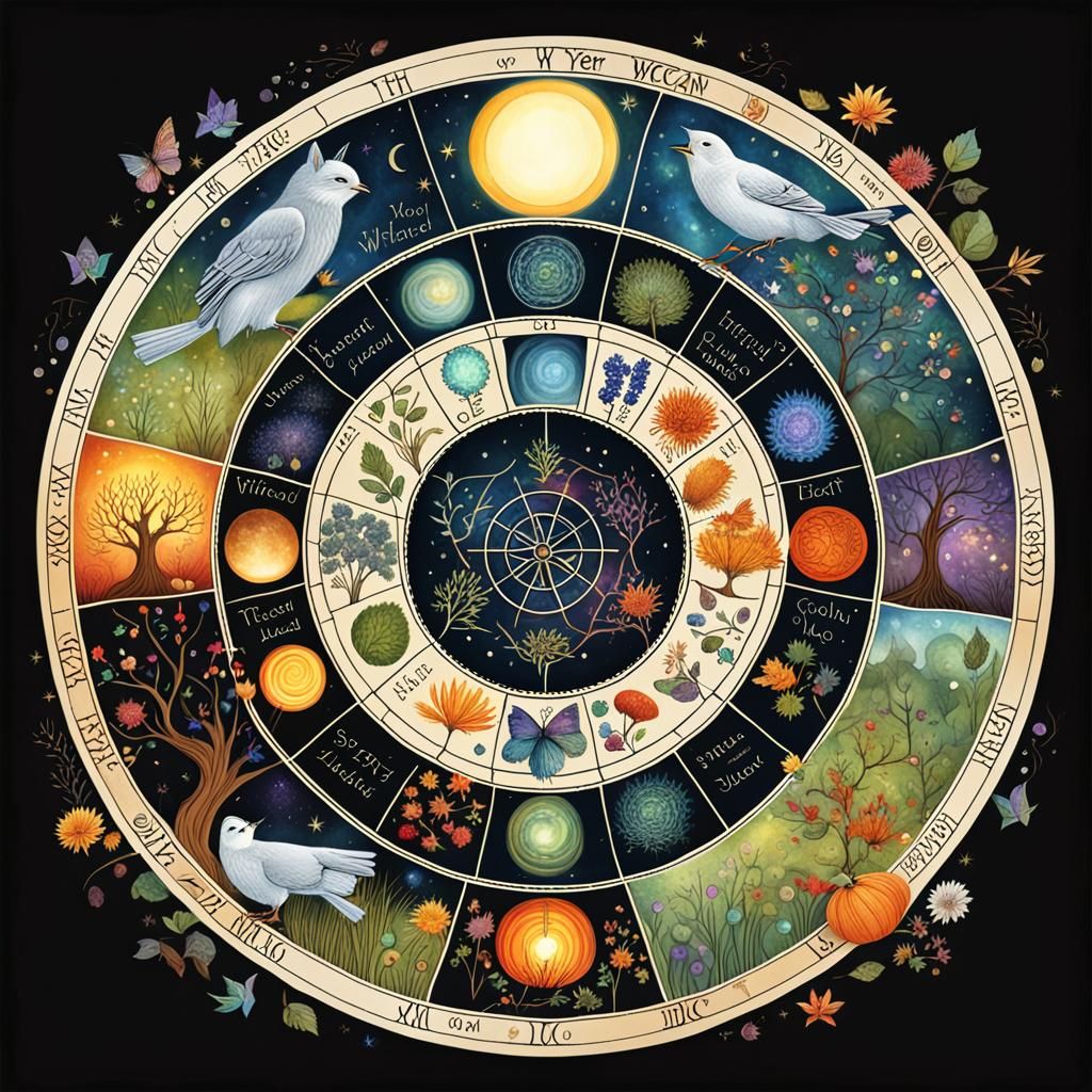 Whimsical Wiccan Wheel of The Year Illustration