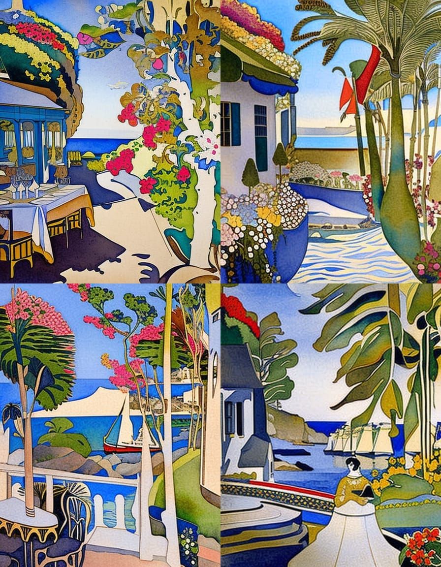 Madeira Restaurant in Art Nouveau Watercolor Style