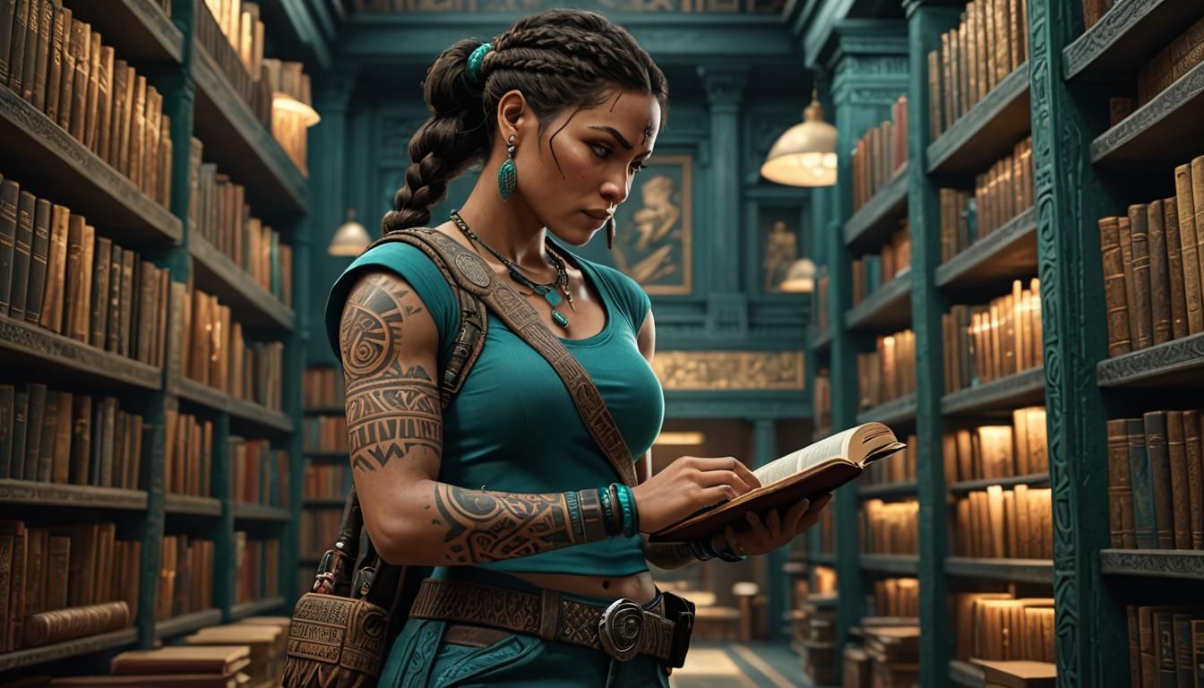 Maori Lara Croft Browsing Books in Museum