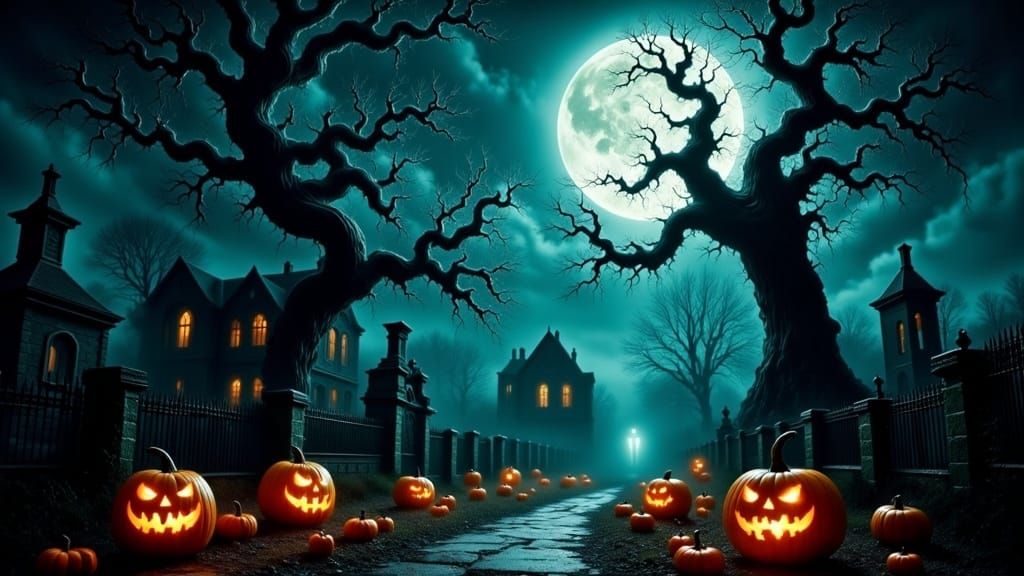 Eerie Halloween Night: Dark Surrealism with Jack-o-Lanterns