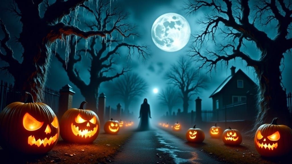Eerie Halloween Scene with Jack-o-Lanterns