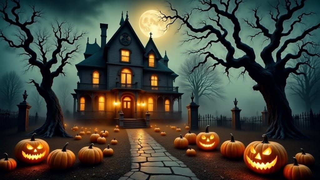 Halloween Landscape with Magical Pumpkin Patch