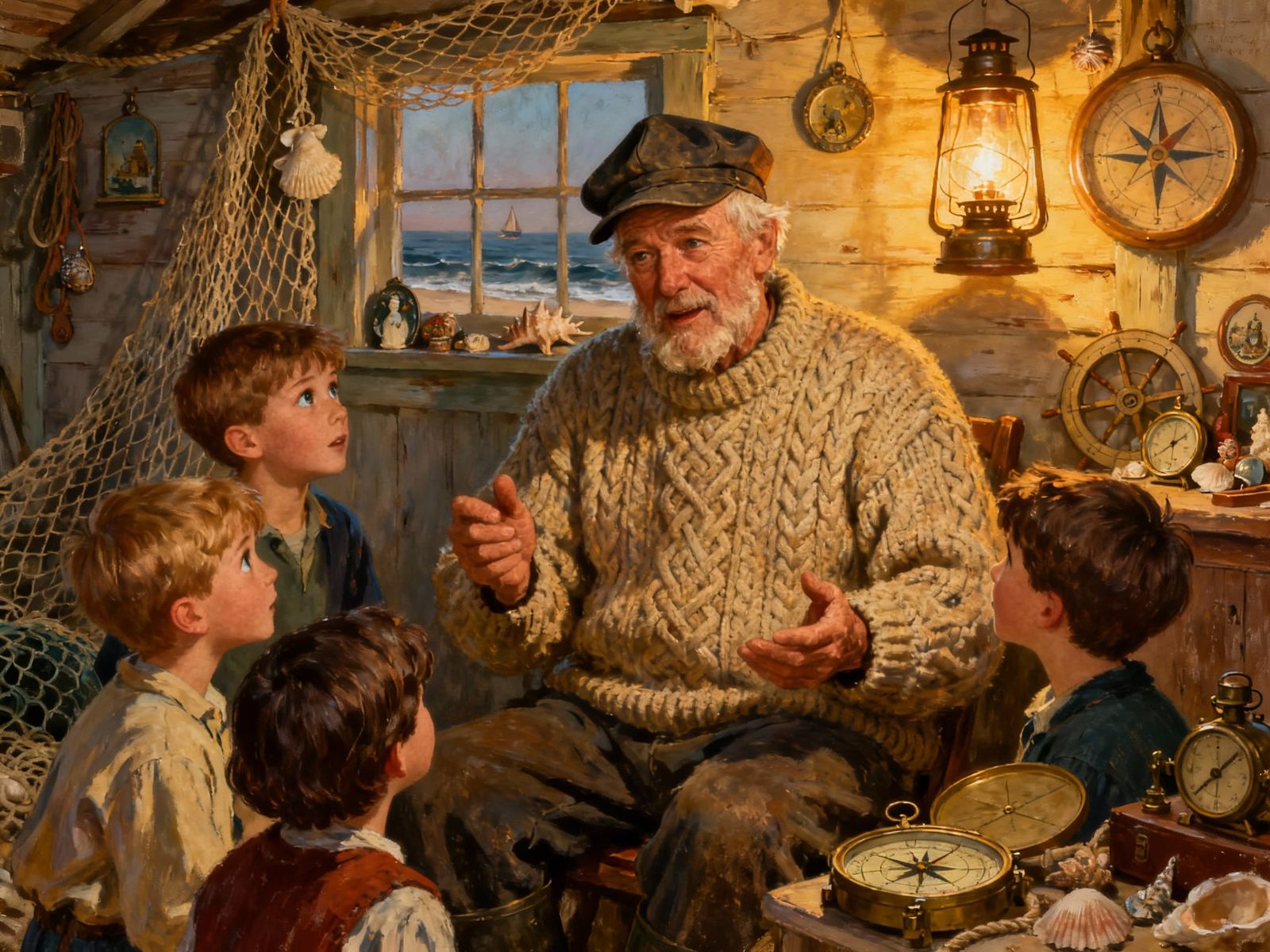 Fisherman Shares Sea Tales with Grandchildren in Cozy Cottag...