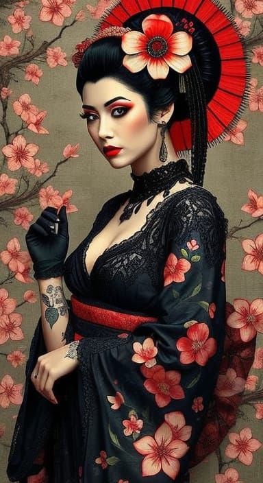 Geisha in Goth-Punk Style with Cherry Blossom Tattoos
