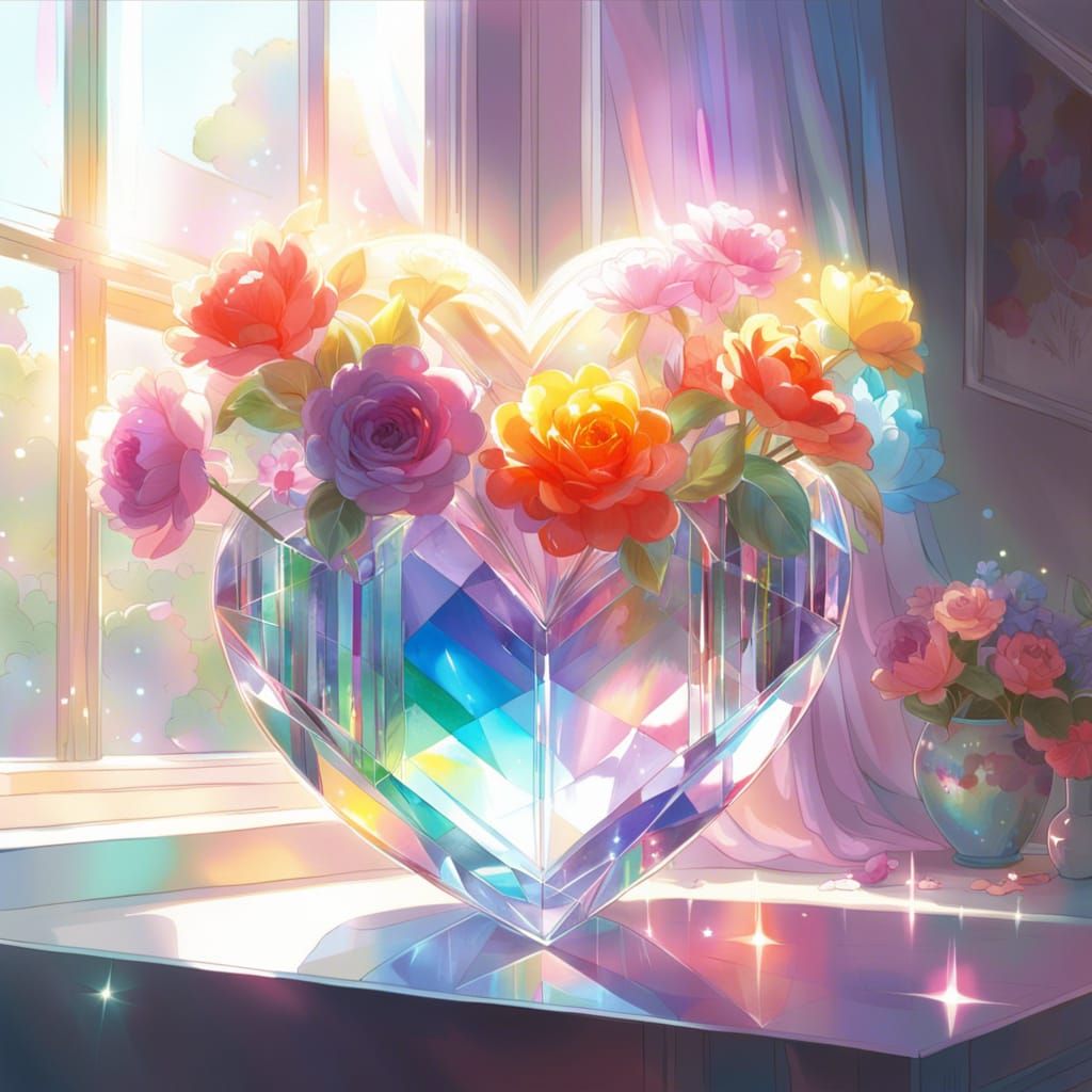 Crystal Heart Vase with Flowers in Digital Art