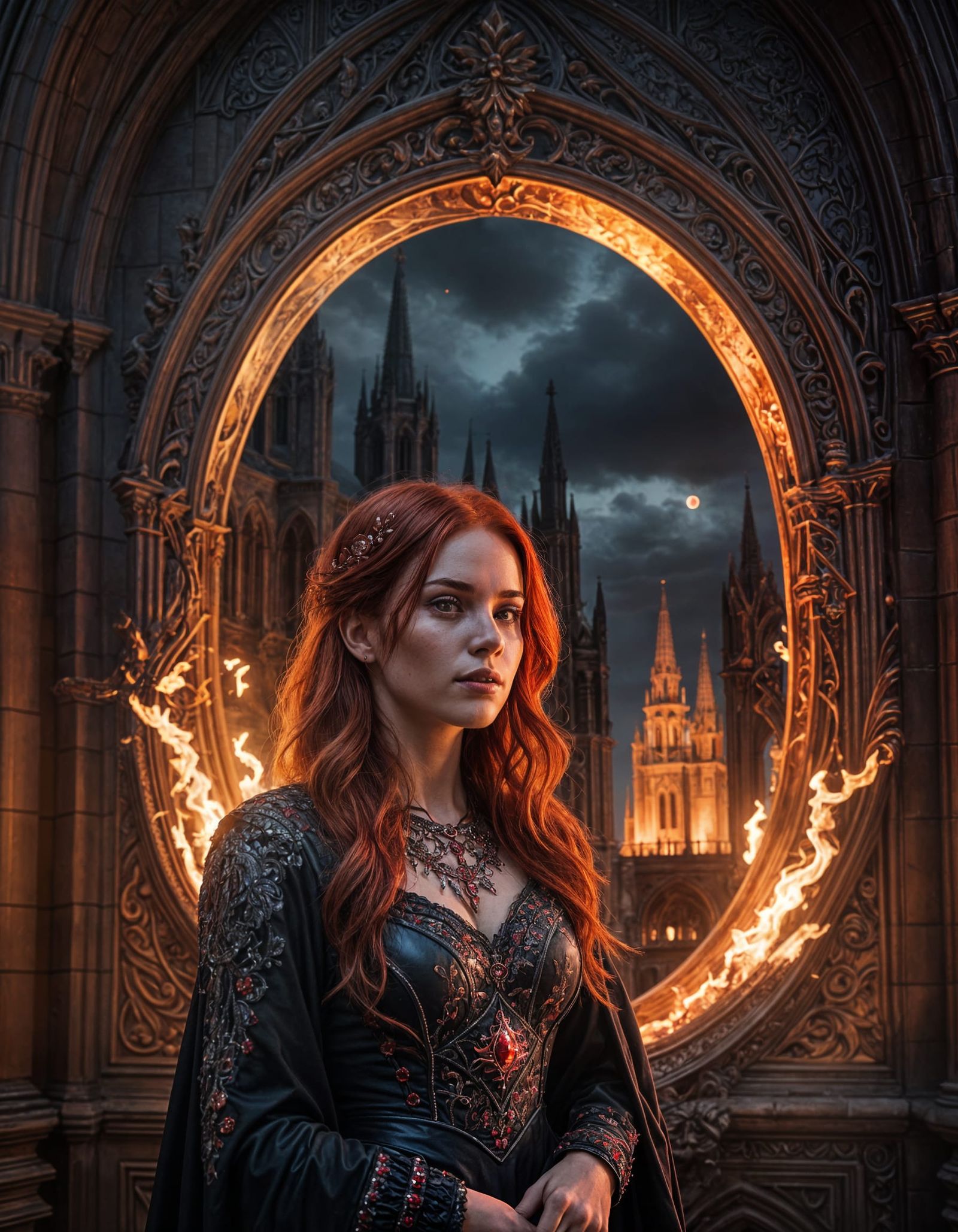 Fiery Portrait: Woman in Gothic Cathedral Under Blood Moon