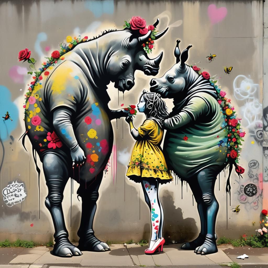 Banksy-Style Street Art with Rhinoceros