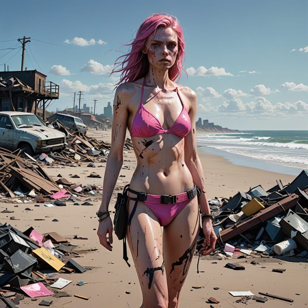 Undead Supermodel Poses on Post-Apocalyptic Beach