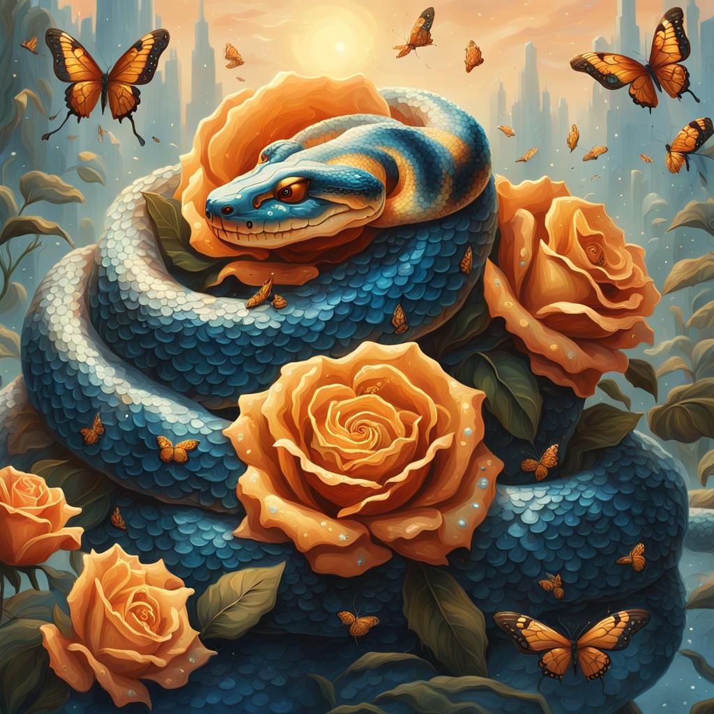 Anaconda and Butterflies Around Golden Rose: Fantasy Art