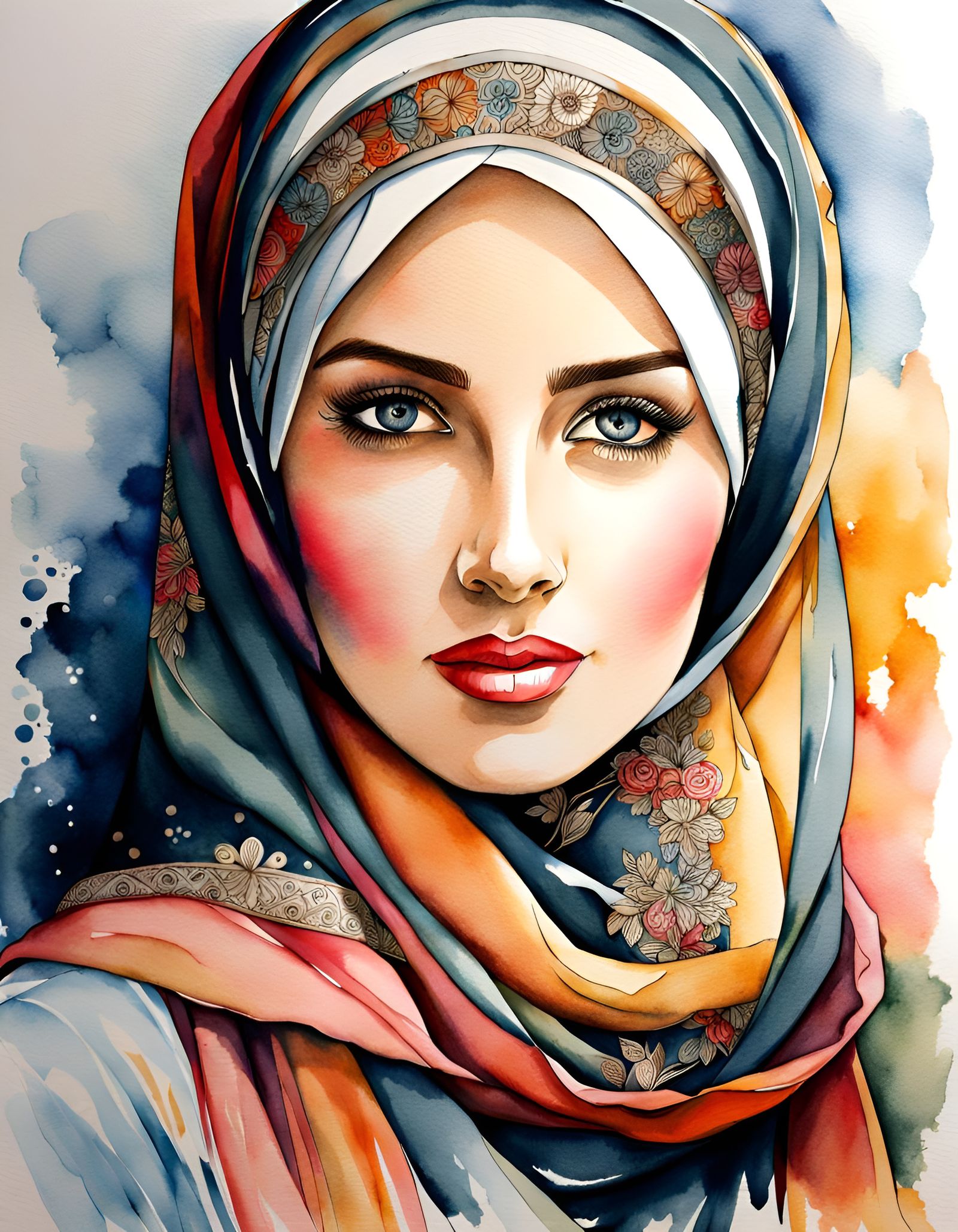 Beautiful German Woman Wearing a Hijab in Watercolor