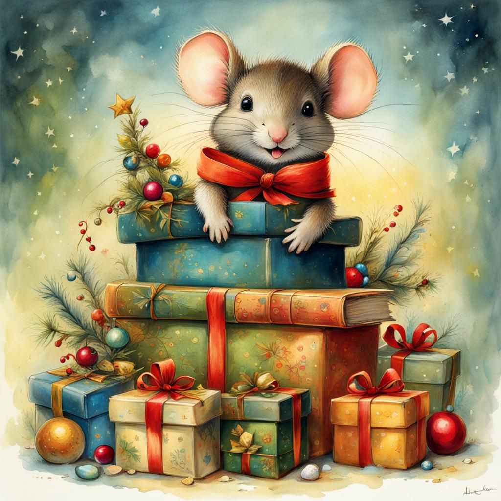 Mouse Child Delighted by Christmas Gifts, Storybook Illustra...