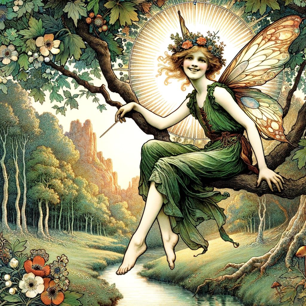 Radiant Fairy in Woodland Stream Illustration