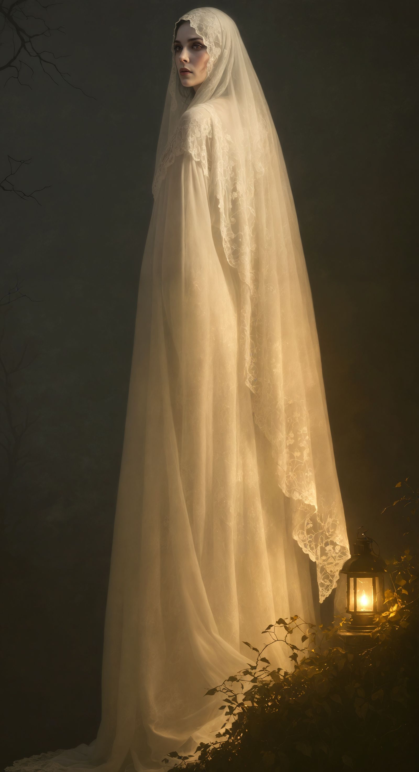 Ghost in Lace Gown with Lantern, Hyperrealistic Art