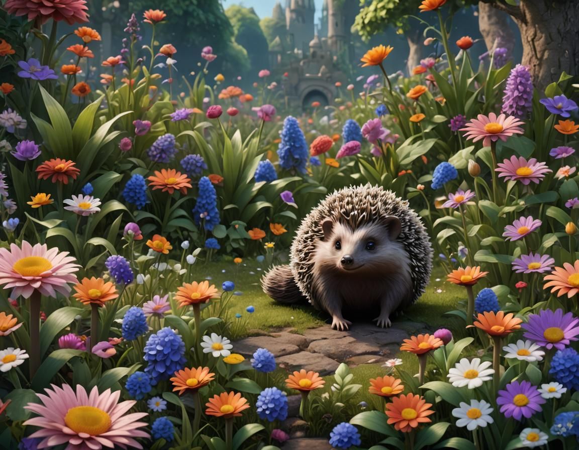Cartoon Hedgehog in Floral Garden: Detailed Matte Painting