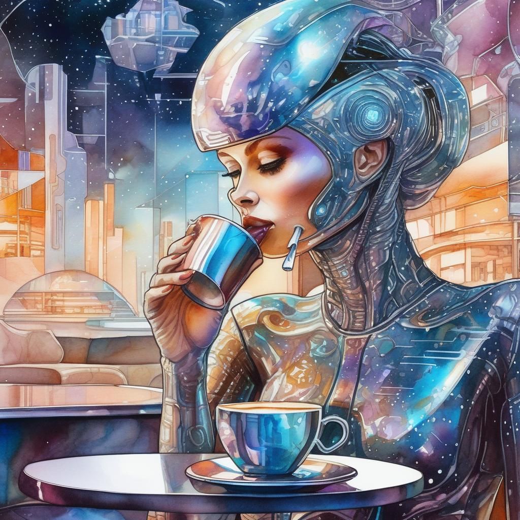 android metallic woman drinking coffee at a futuristic cafe