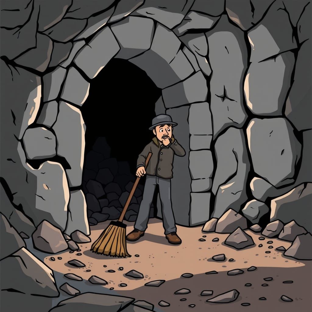 Cartoon Miner Sweeping Coal Mine Entrance