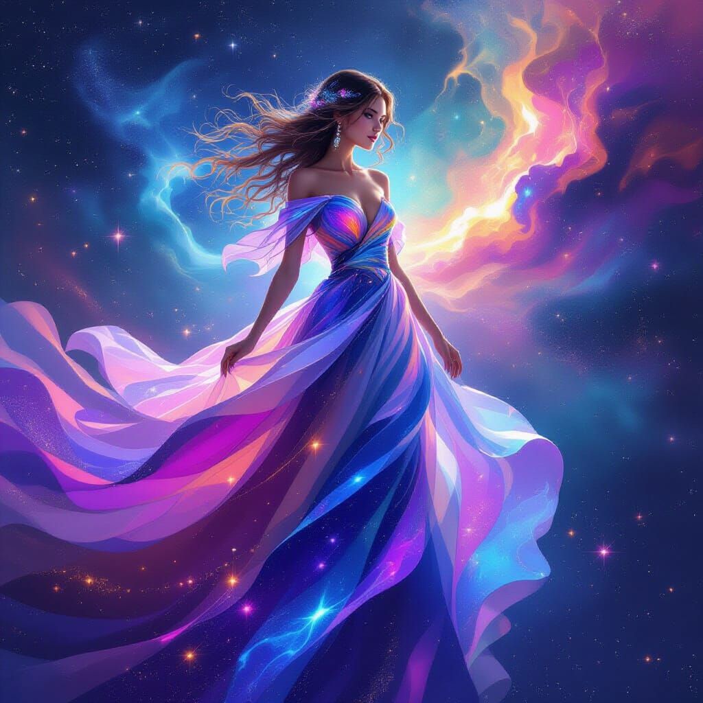 Nebula Woman in Ethereal Gown, Cosmic Digital Art