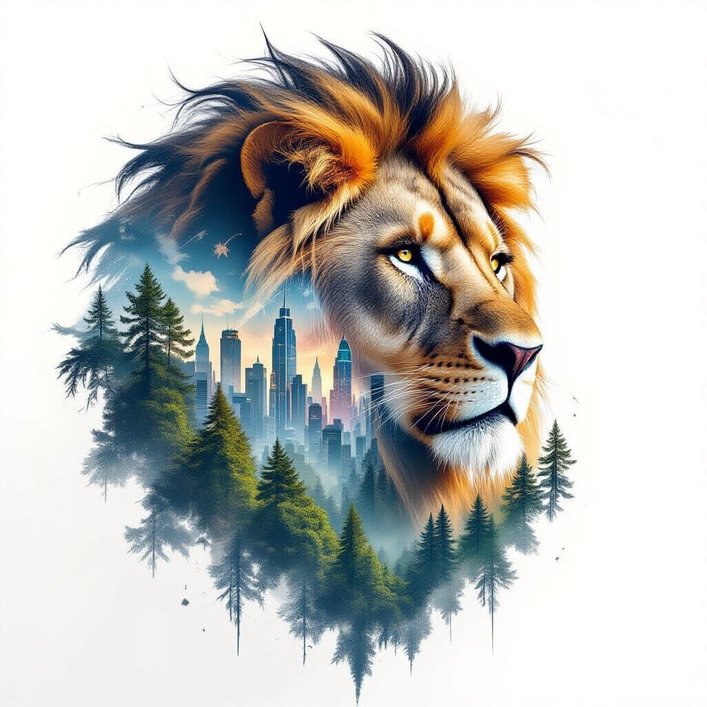 Lion Reveals Futuristic City in Double Exposure