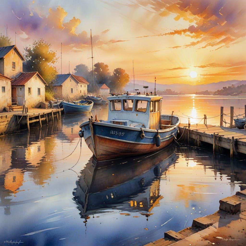 Docked Boat at Sunset in Watercolor Style