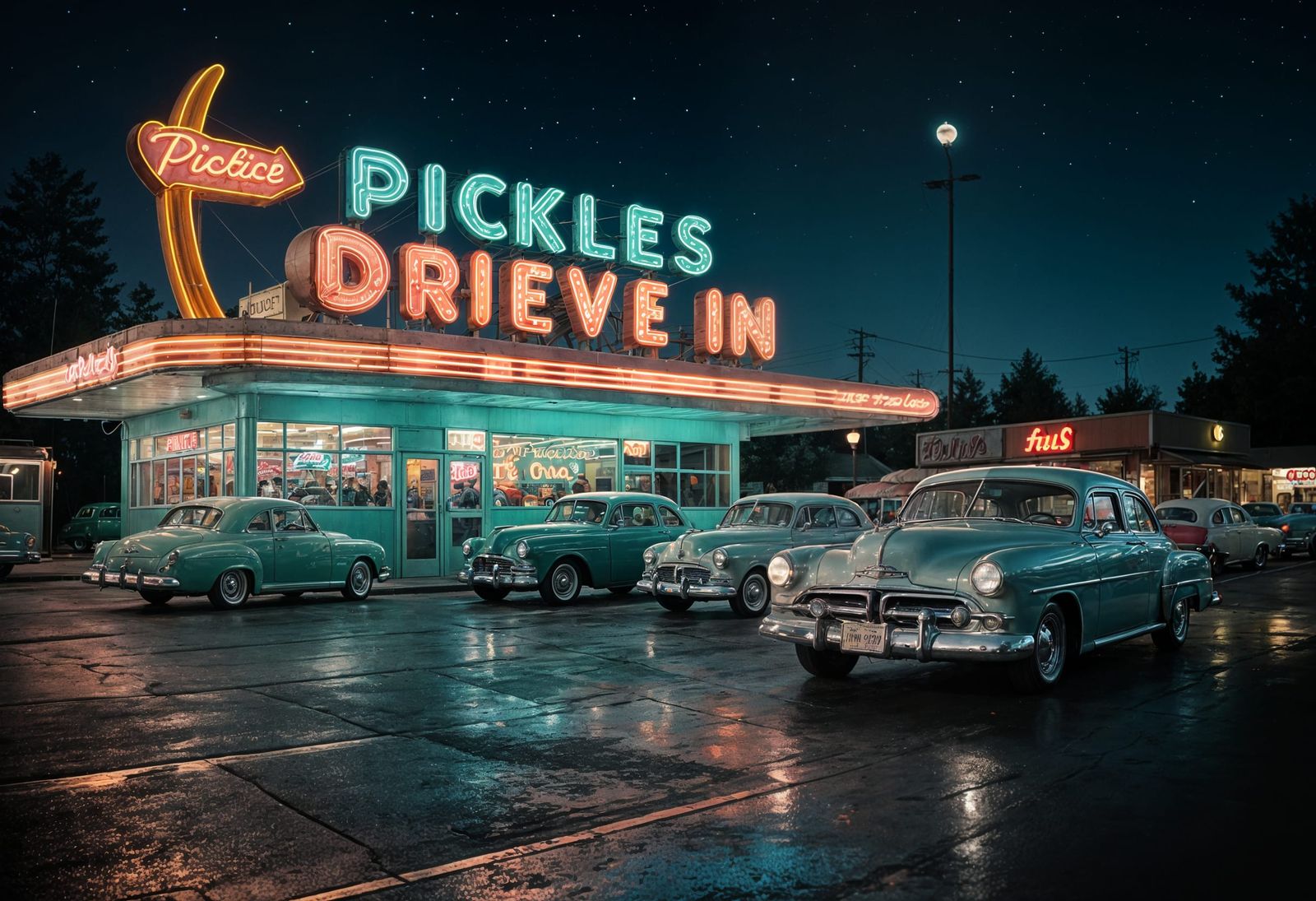 1950s Googie Drive-In Restaurant at Night