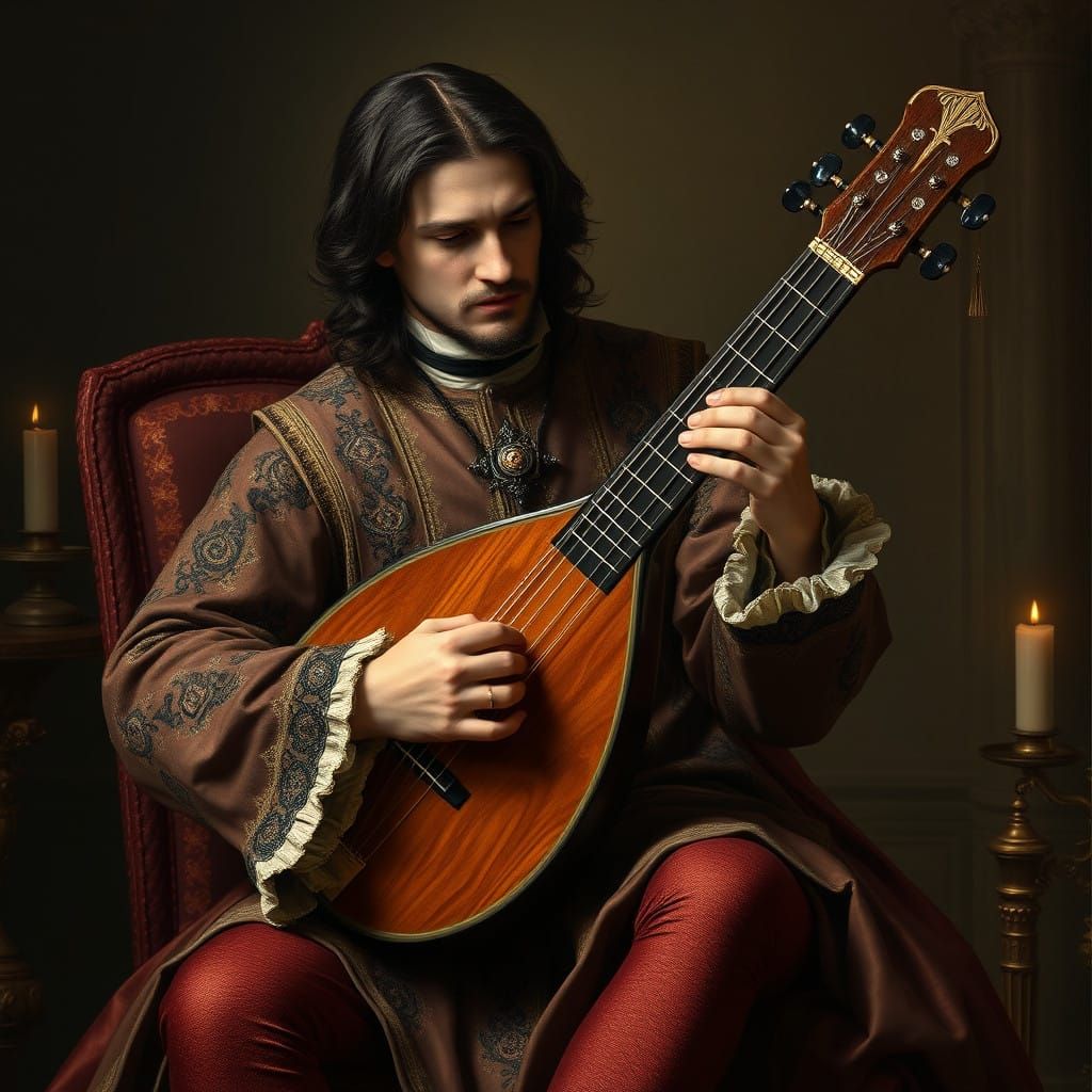 Medieval English Minstrel in Ornate Attire with Lute