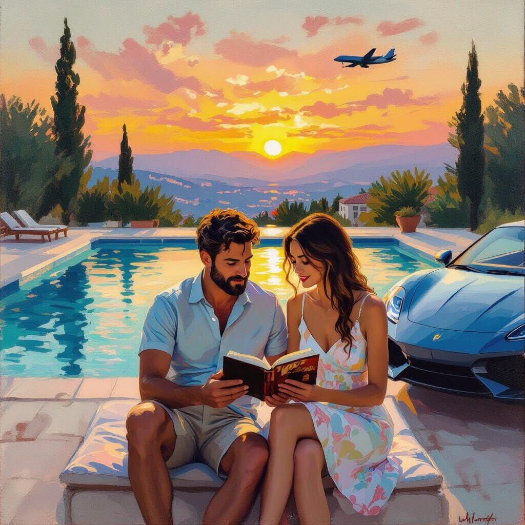 Couple Reading at Sunset: Impressionist-Style Scene