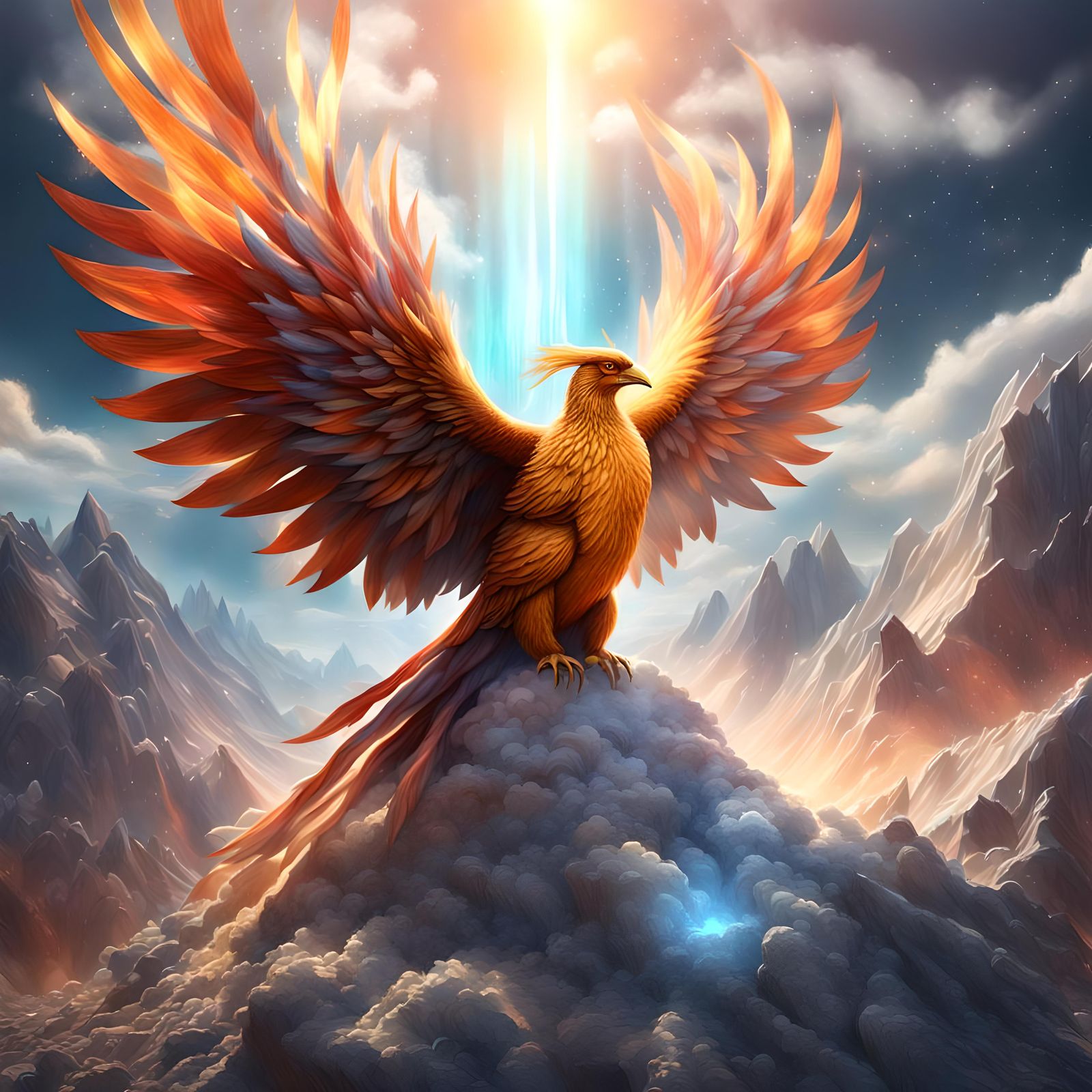 Phoenix Rising from Ashes in Colorful Light