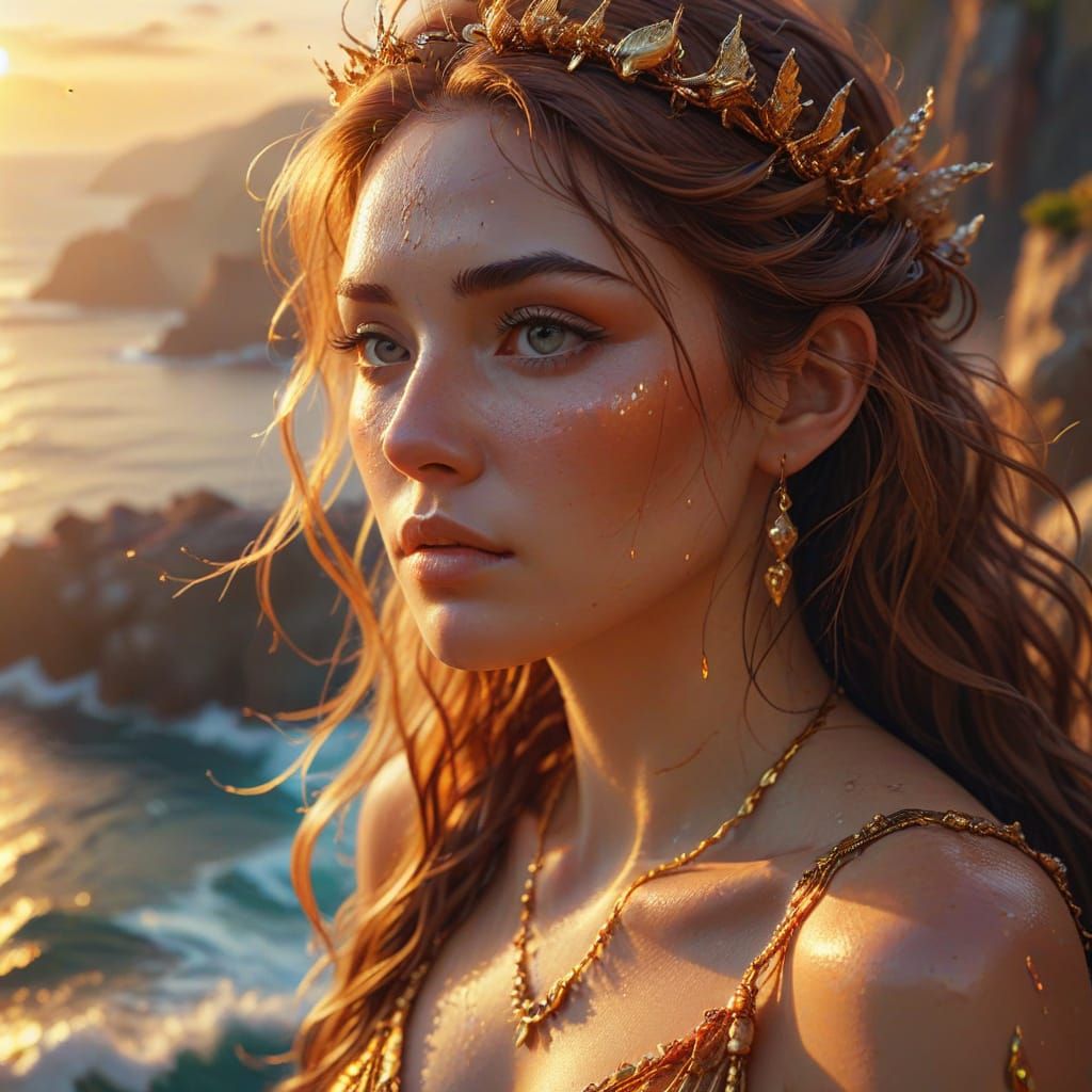 Ethereal Goddess Gazing at the Ocean: Emotional Portrait