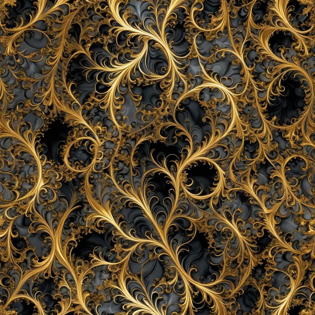 Onyx and Gold Fractal Feathery Pattern