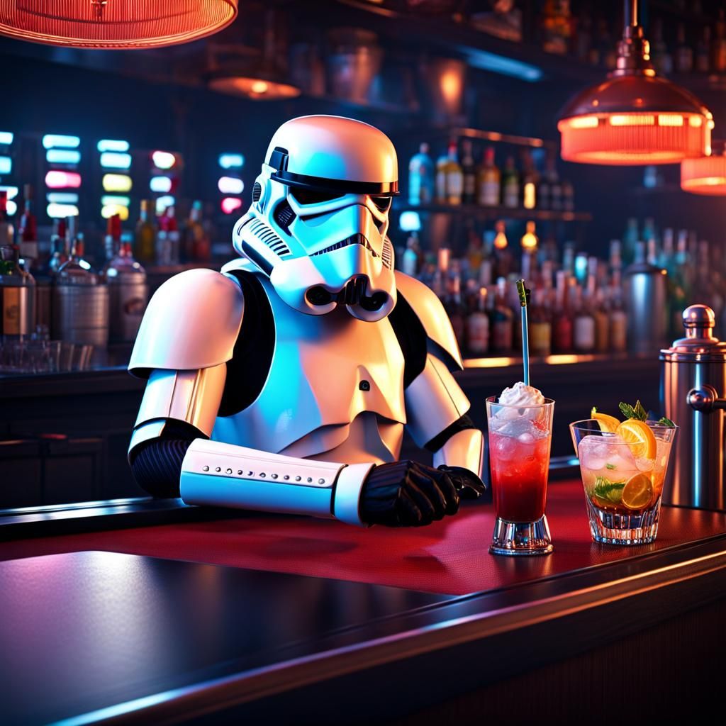 Stormtrooper tending bar, mixing a cocktail in a cocktail shaker. Several mixed drinks on the bar.