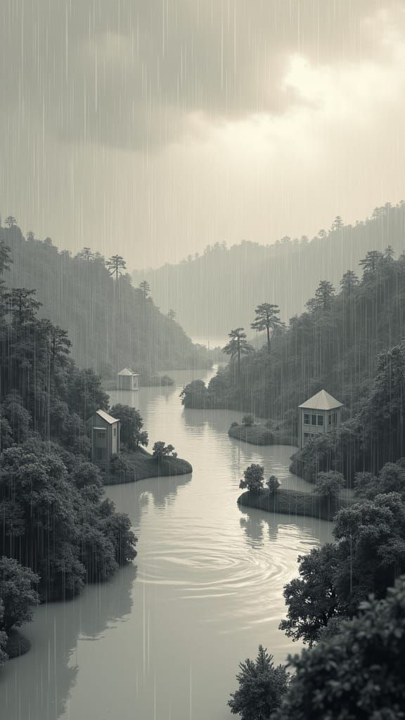 Monochrome Papercraft Flood Scene with Origami Details