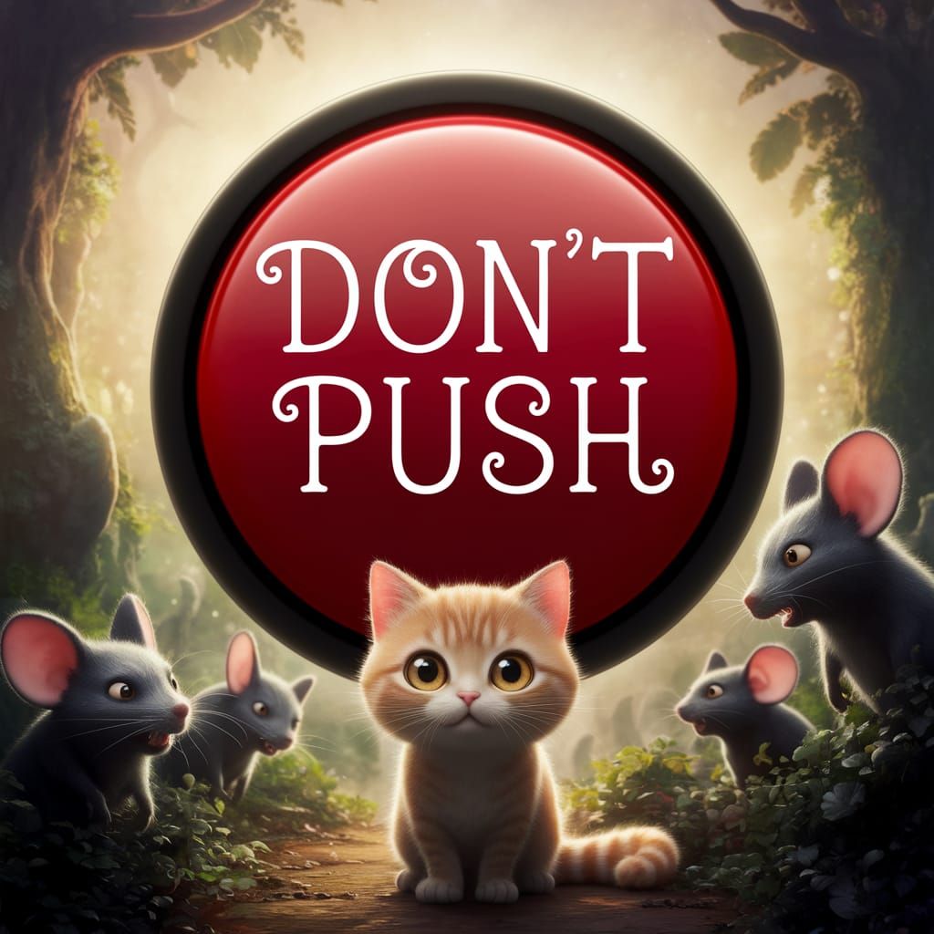 Whimsical Cat Contemplates Pushing a Mysterious Red Button