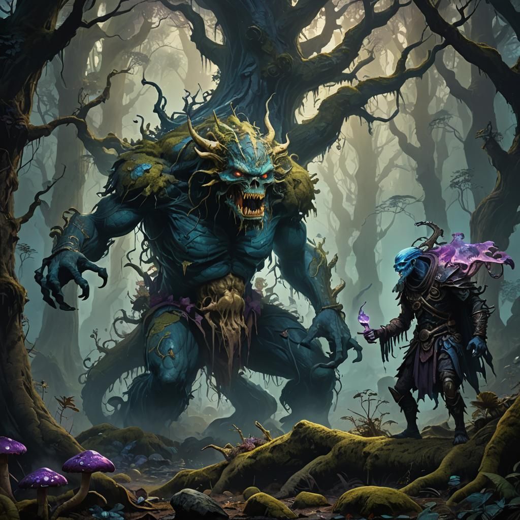 Mystical Double-Headed Human Feast in Dark Fantasy Art