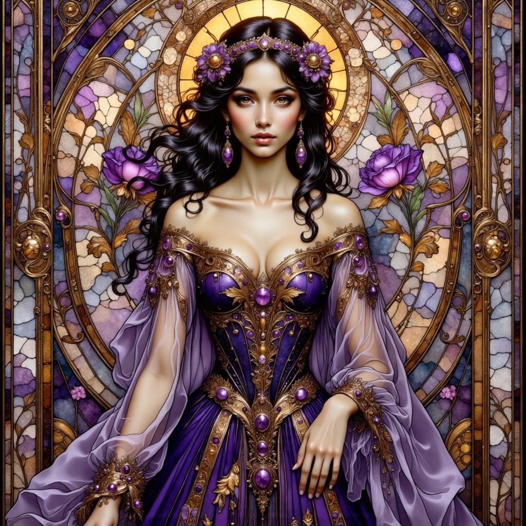 Art Nouveau Woman in Purple and Gold Dress