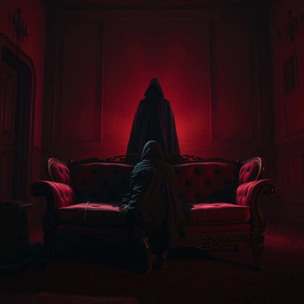 Figure Hiding in Shadows Behind a Crimson-Hued Sofa
