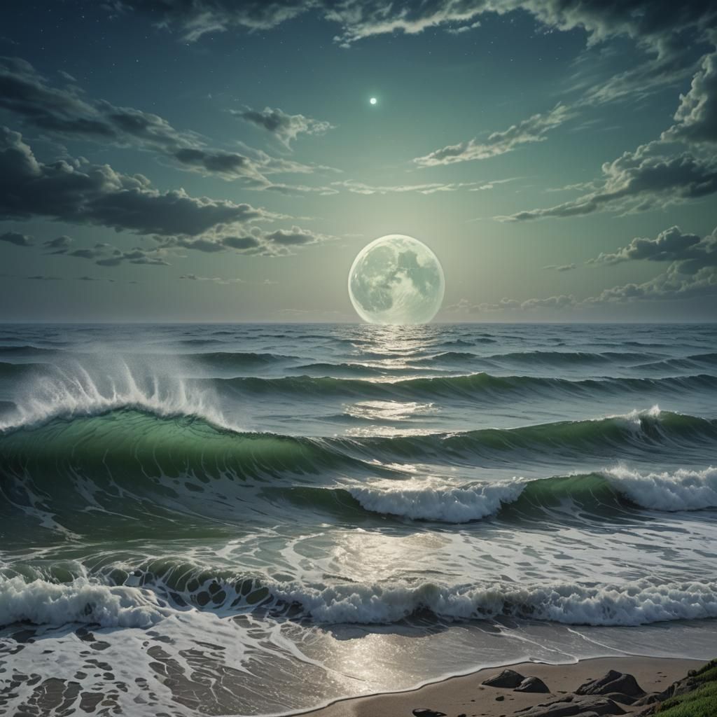Eerie Giant Eye Moon Over Sea Waves