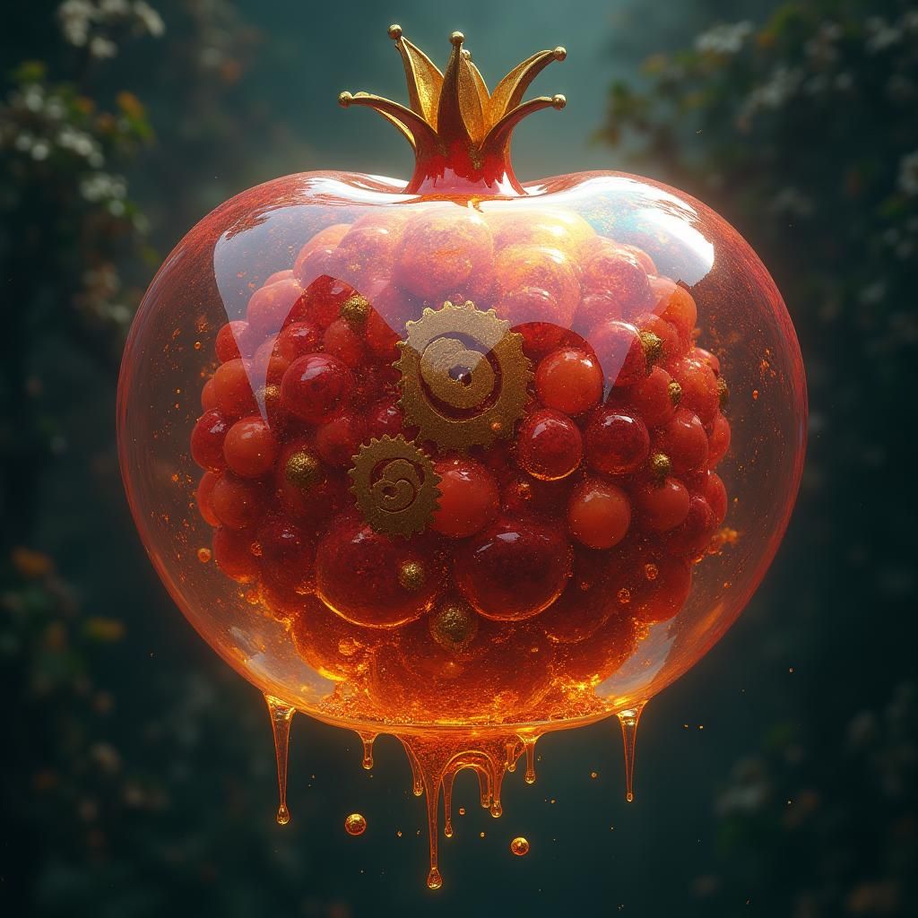 Pomegranate Bubble Filled with Liquid Gears: Fantasy Art