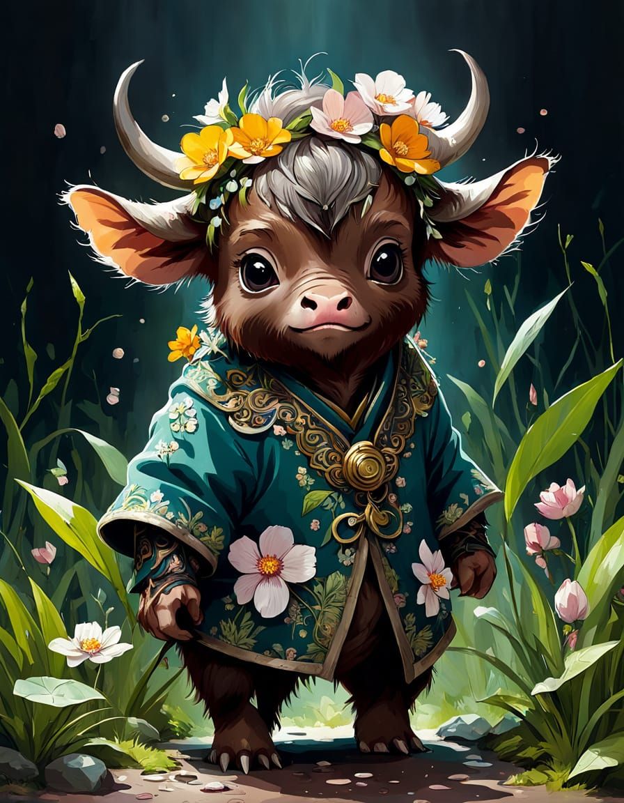 Adorable Baby Gaur in Vibrant Floral Spring Attire