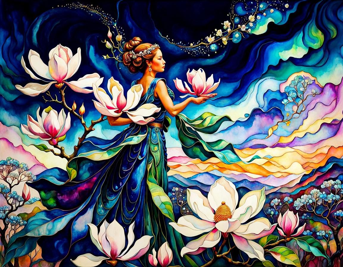 Magical Magnolia Blossom in Alcohol Ink Style