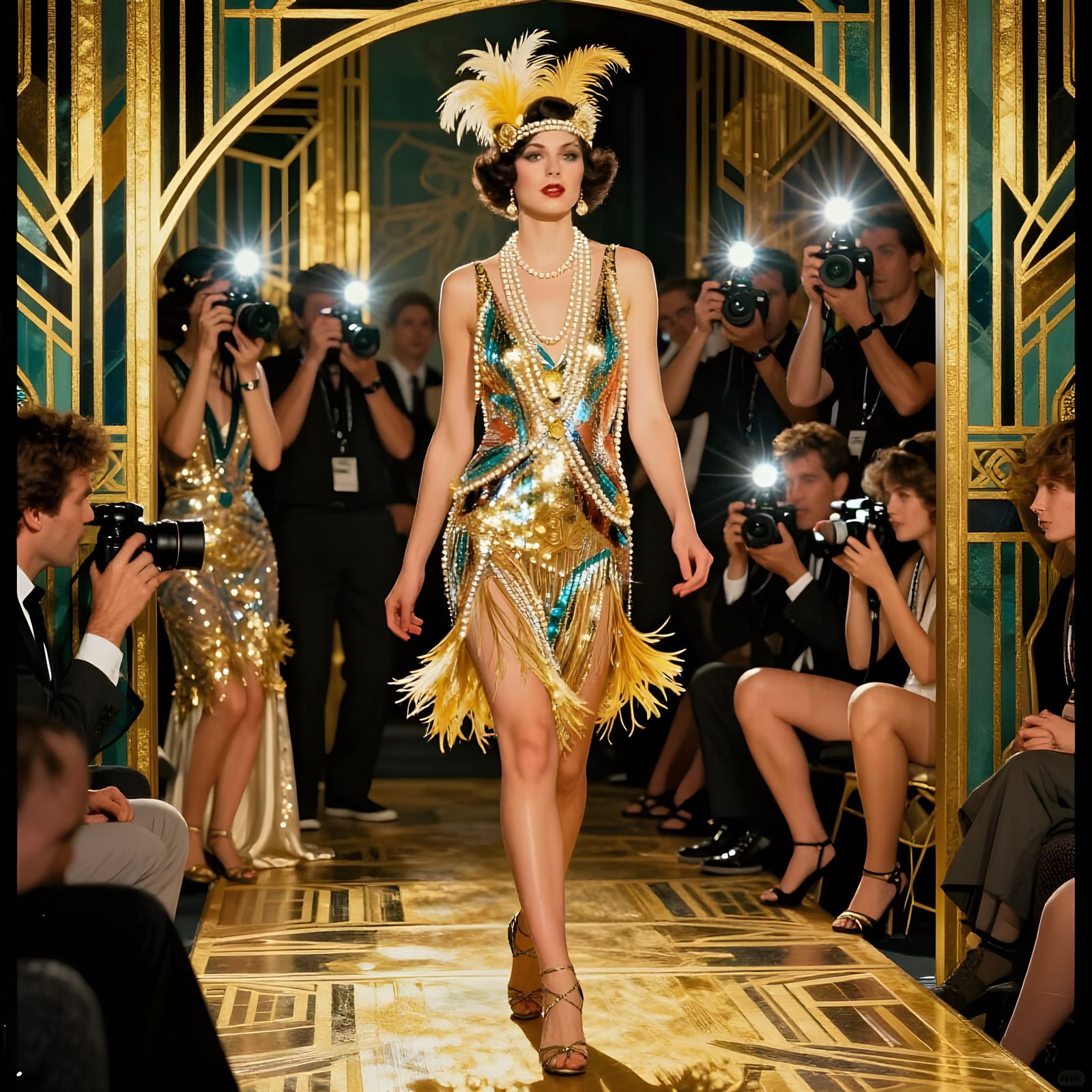 Art Deco Showgirl on Runway with Fans and Photographers