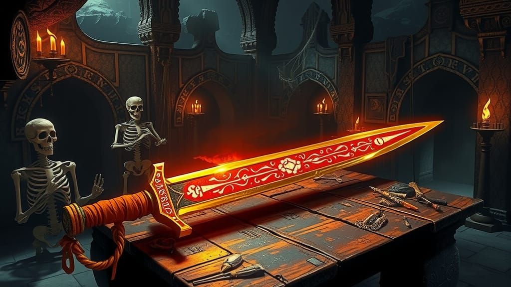 Mystical Golden Greatsword in Dark Fantasy Dungeon
