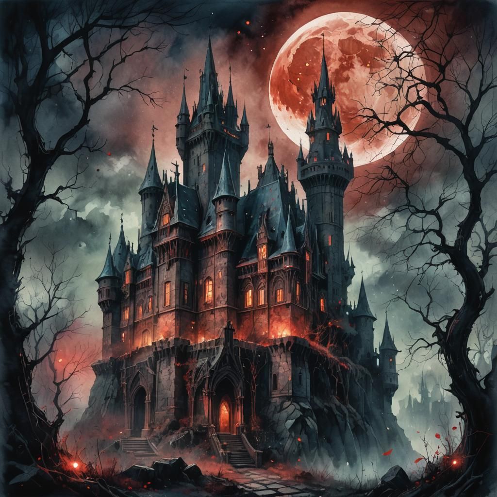Gothic Castle Under Blood Moon in Digital Watercolor