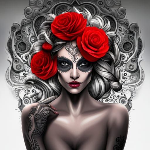 Biomechanical Sugar Skull Tattoo with Rose