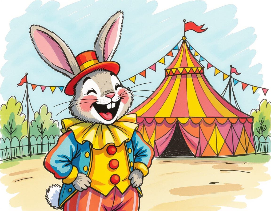 Rabbit Clown Laughing at the Circus, Quentin Blake Style