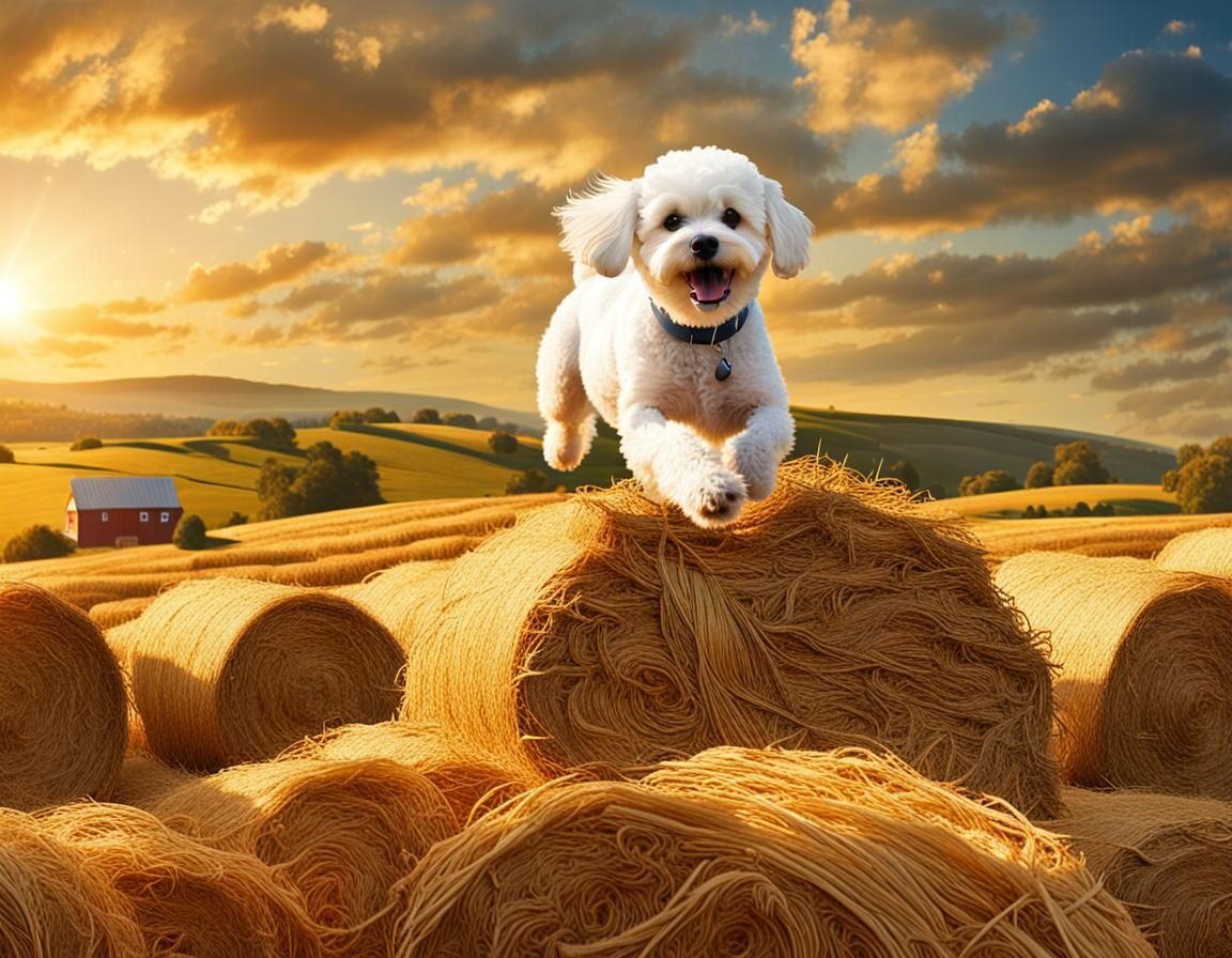 Bichon Frise Frolics on Farm: Matte Painting