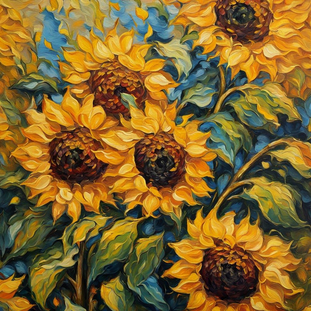 Expressionist Sunflower Heads in Impasto Style