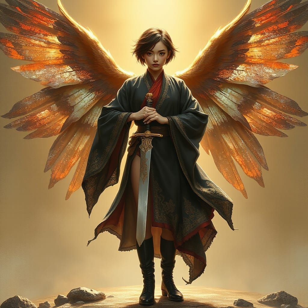 Thai Warrior Angel with Four Wings in Golden Light