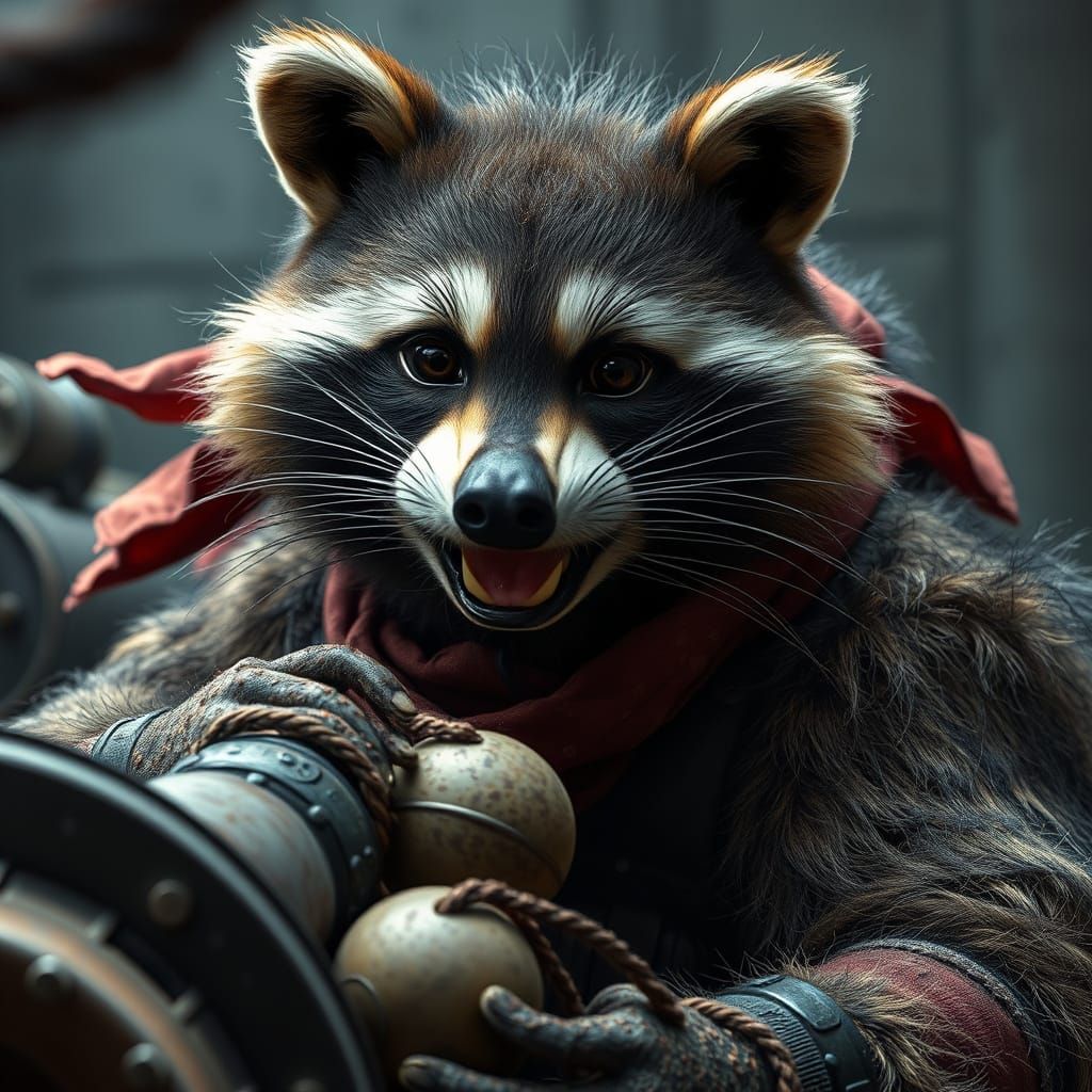 Raccoon Pirate Gunner Portrait in Dark Fantasy Style